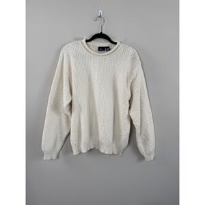 Vintage Lizsport Sweater Cream White M Textured Cotton Knit Crew Neck Boho